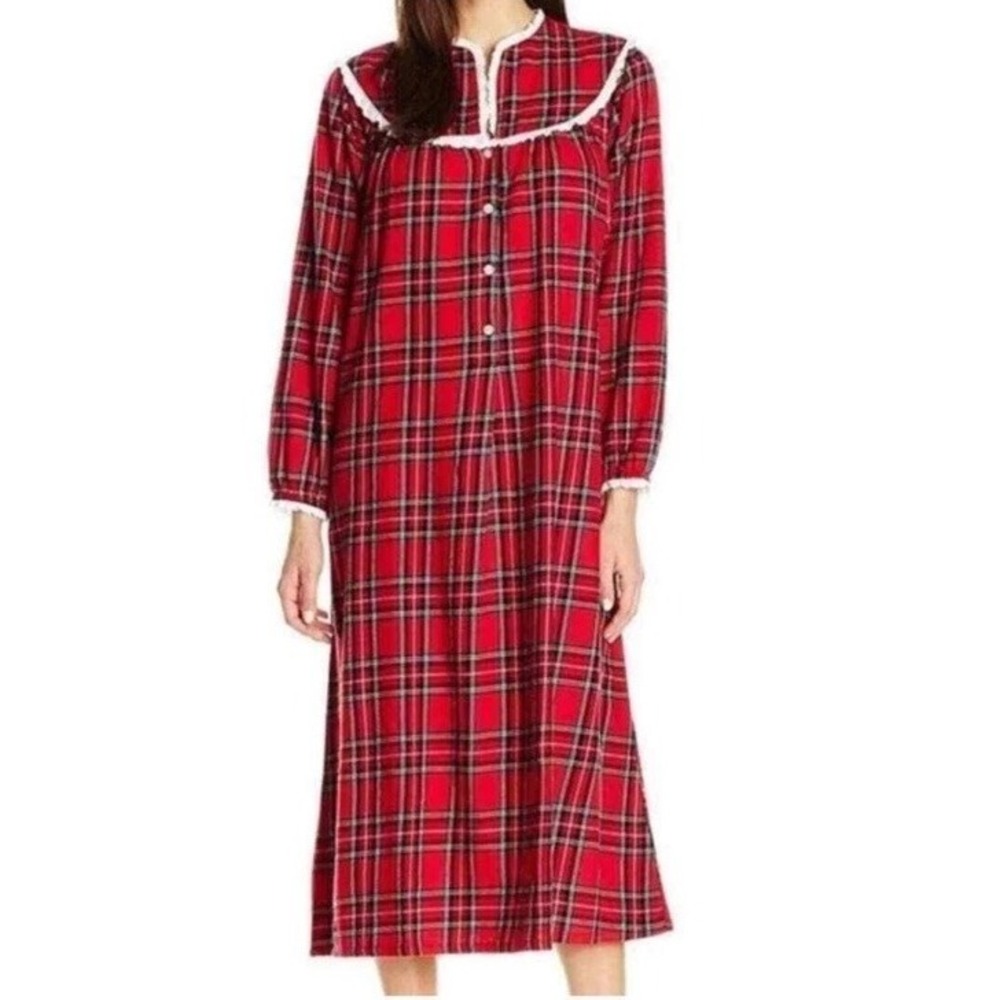 Vtg Sz M LANZ Of SALSBURG Red Plaid Flannel SLEEP Long NIGHTGOWN PJ Button